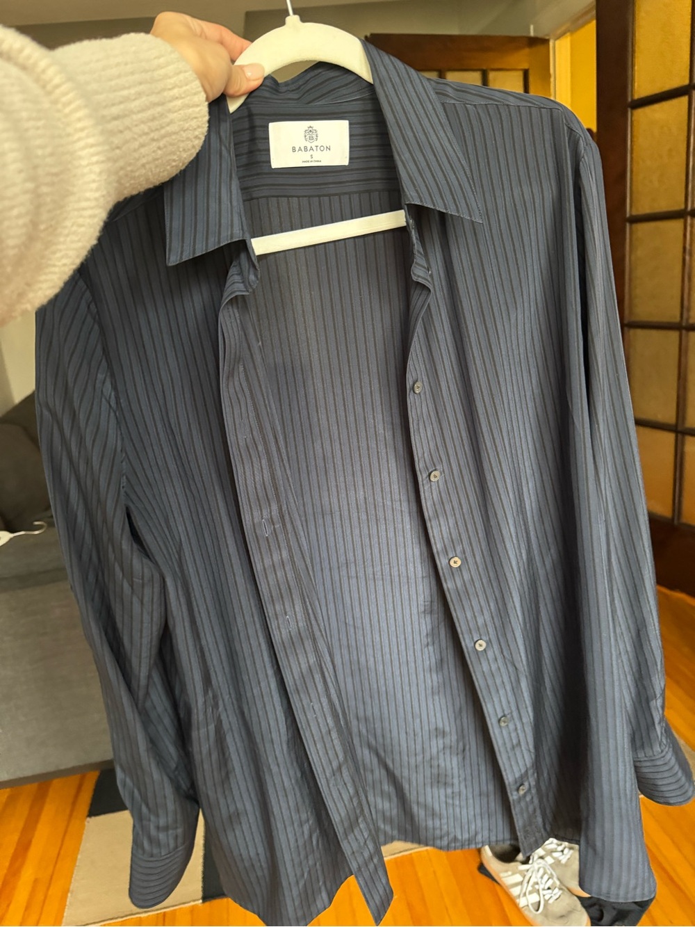 Babaton Men's Navy and Black Pinstripe Dress Shirt